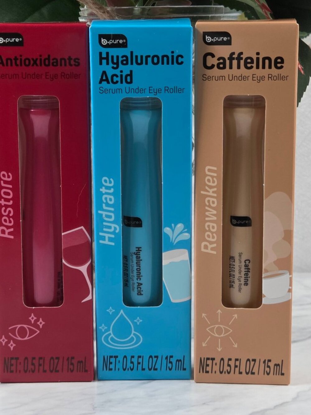 b.pure Serum Under Eye Roller Set of 3 Antioxidants Hyaluronic Acid Caffeine New
